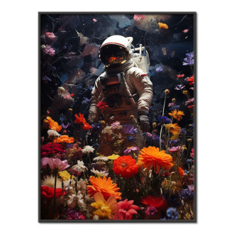 astronaut obklopený kvetmi
