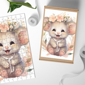 Drevené puzzle Mláďa myšky v kvetoch