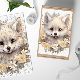 Drevené puzzle Mláďa biele líšky v kvetoch