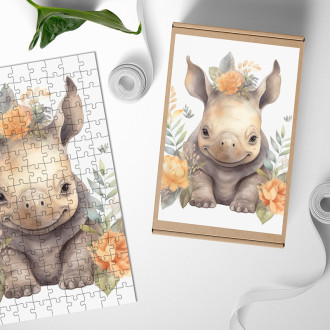 Drevené puzzle Mláďa nosorožca v kvetoch