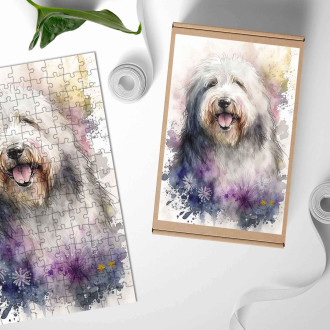 Drevené puzzle Starý anglický ovčiak akvarel