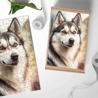Drevené puzzle Sibírsky husky akvarel