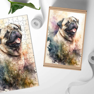 Drevené puzzle Mops akvarel