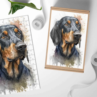 Drevené puzzle Black and Tan Coonhound akvarel