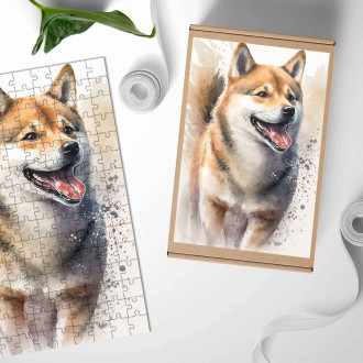Drevené puzzle Shiba Inu akvarel