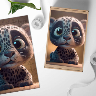Drevené puzzle Roztomilý animovaný snežný leopard