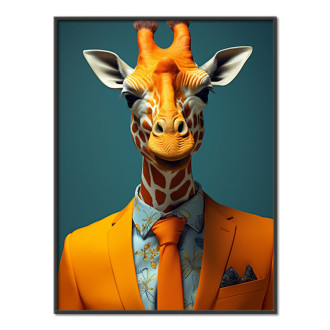 žirafa v oranžovom obleku a kravate