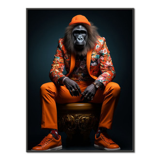 gorila v oranžovom kvetinovom obleku