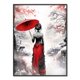 zasněžená krajina s ženou držící deštník