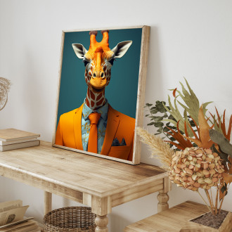 žirafa v oranžovom obleku a kravate