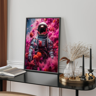 astronaut s ružovým dymom stúpajúcim nahor