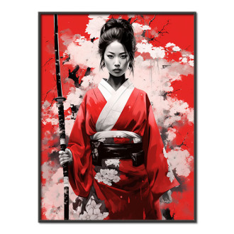 dievča s kimonom na červenom pozadí