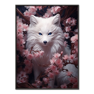 líška s modrými očami sa skrýva v kvetoch