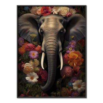 slon obklopený kvetmi a listami