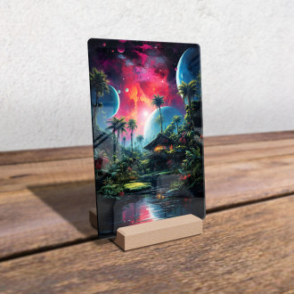 Akrylové sklo farebný obraz domu z džungle a planét nad ním