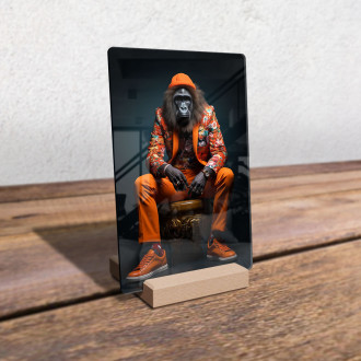 Akrylové sklo gorila v oranžovom kvetinovom obleku