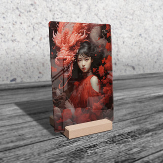 Akrylové sklo dievča s kvetmi a drakom
