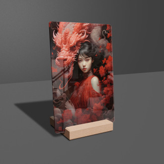 Akrylové sklo dievča s kvetmi a drakom