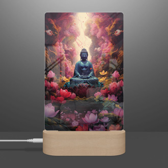 Lampa Budha sedí pred množstvom kvetov