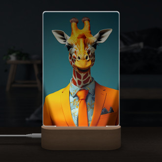Lampa žirafa v oranžovom obleku a kravate