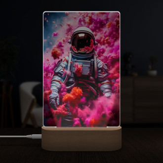 Lampa astronaut s ružovým dymom stúpajúcim nahor