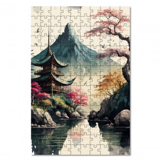 Drevené puzzle Japonský chrám pod horou