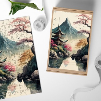 Drevené puzzle Japonský chrám pod horou