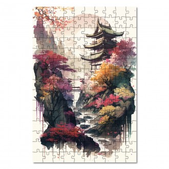 Drevené puzzle Japonský chrám so sakurami