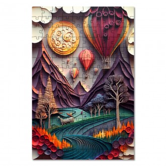 Drevené puzzle Papierová krajina - teplovzdušné balóny