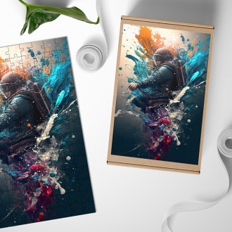 Drevené puzzle Muž v helme vo víre farieb