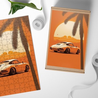 Drevené puzzle Západ slnka retro porsche