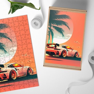 Drevené puzzle Západ slnka porsche