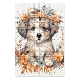 Dřevěné puzzle Mládě psa v květinách