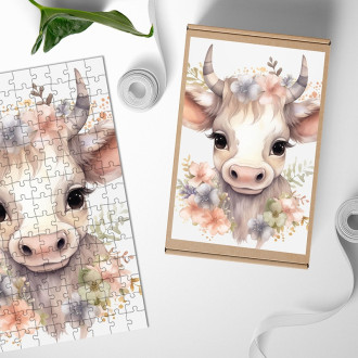 Drevené puzzle Mláďa kravy v kvetoch