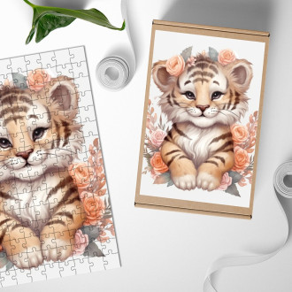 Drevené puzzle Mláďa tigra v kvetoch