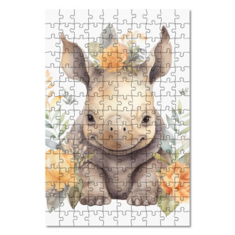 Drevené puzzle Mláďa nosorožca v kvetoch