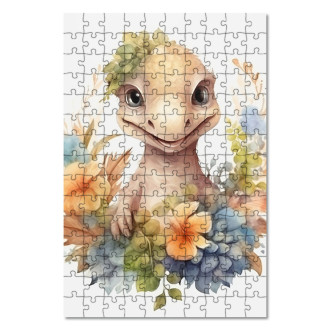 Drevené puzzle Mláďa dinosaura v kvetoch